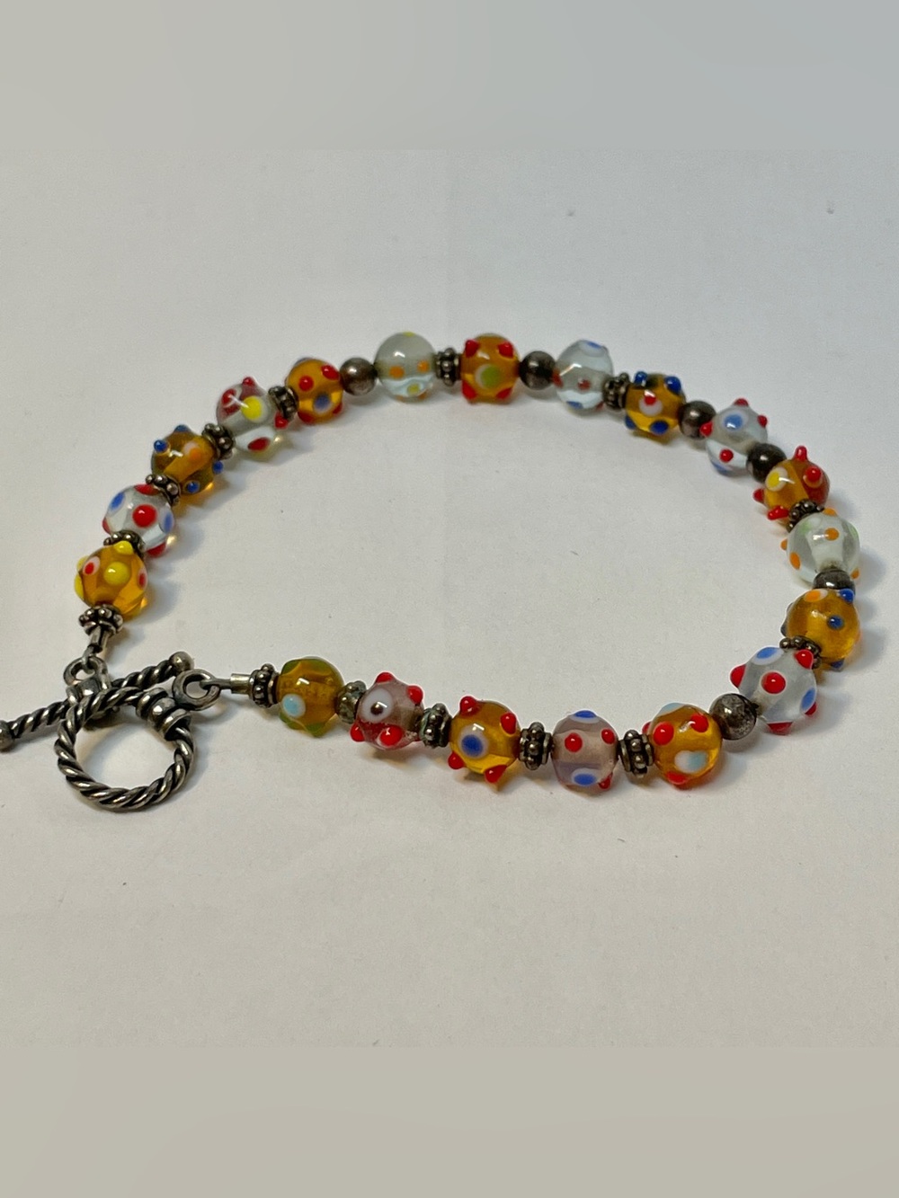 Artisan Made sterling silver colorful lampwork art glass beads Toggle bracelet